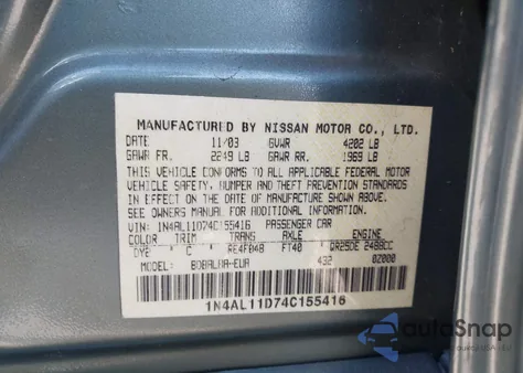 2004 Nissan Altima 2.5 Sl z USA, uszkodzony, nr VIN 1N4AL11D74C155416